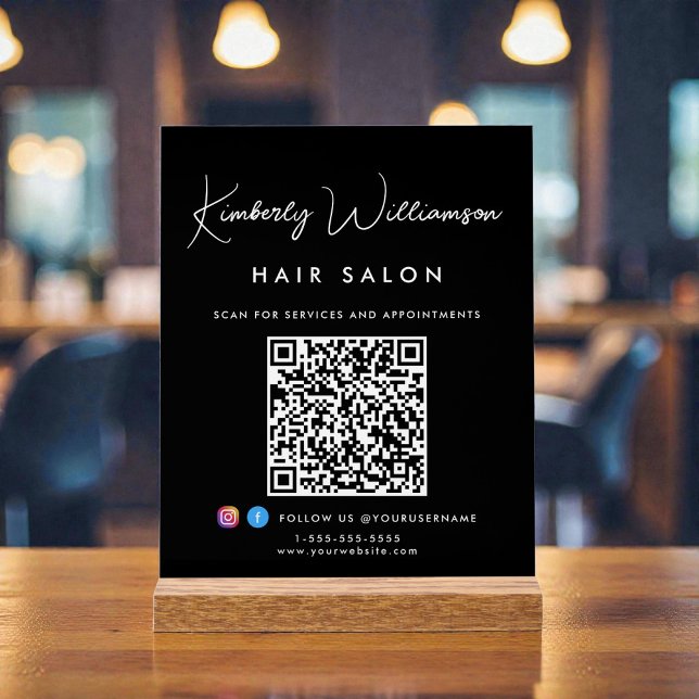 Business Name Signature Script QR Code Black Acrylic Sign (Creator Uploaded)