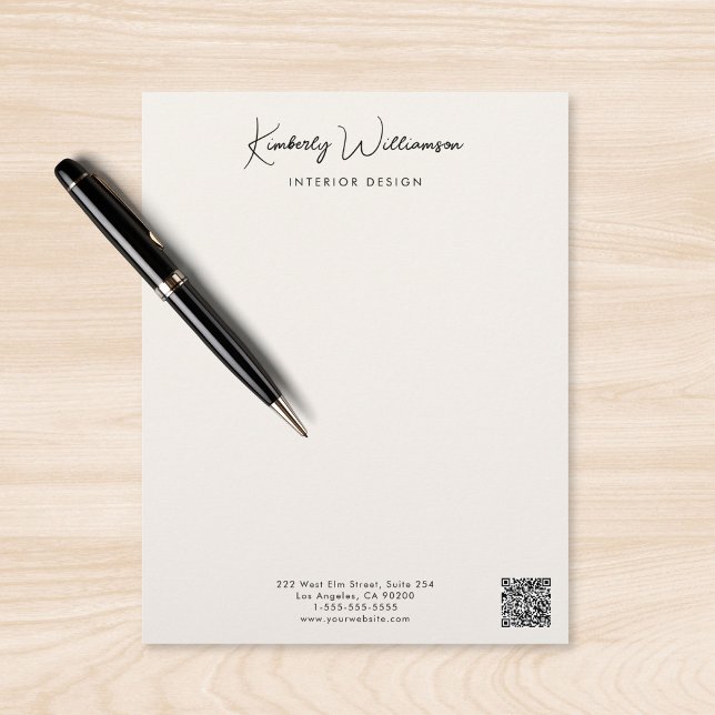Business Name Signature Script QR Code Cream Custom Letterhead (Business Name Signature Script QR Code Cream Letterhead)