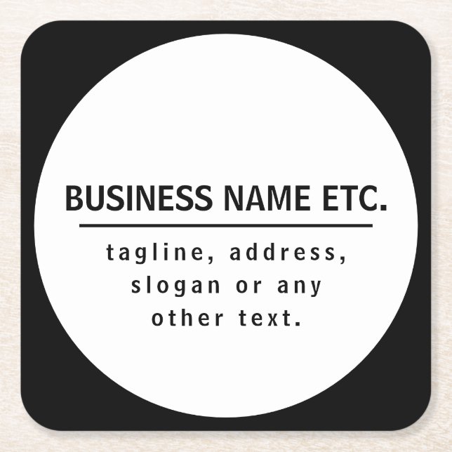 Business Name & Slogan/other text | Black & White Square Paper Coaster (Front)