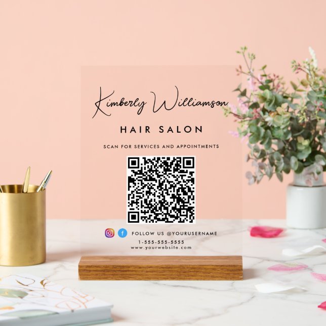 Business Name Stylish Signature Script QR Code Acrylic Sign (Wedding)