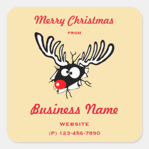 Business Name with Crazy Red Nosed Reindeer Square Sticker