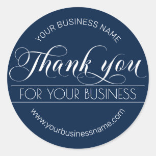 Business Navy Blue White Calligraphy Thank You Classic Round Sticker