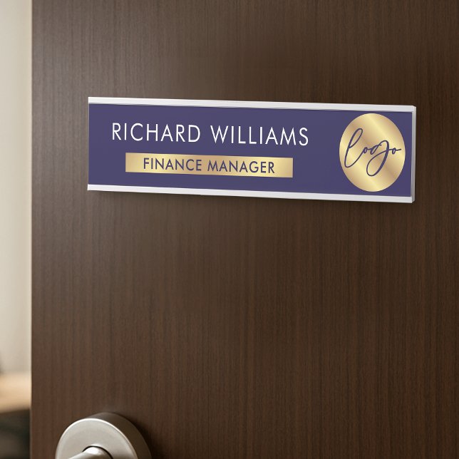 Business Navy & Gold Logo Employee Name Job Title Door Sign (Navy blue and gold effect corporate door sign with your logo, name and job title)
