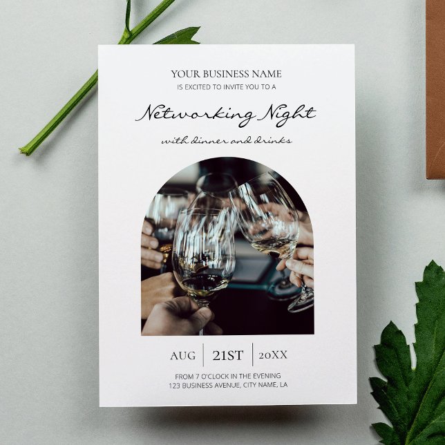 Business Networking Dinner & Drinks Event Photo Invitation (Modern business networking event photo invitation with trendy script font and one arch framed photo)