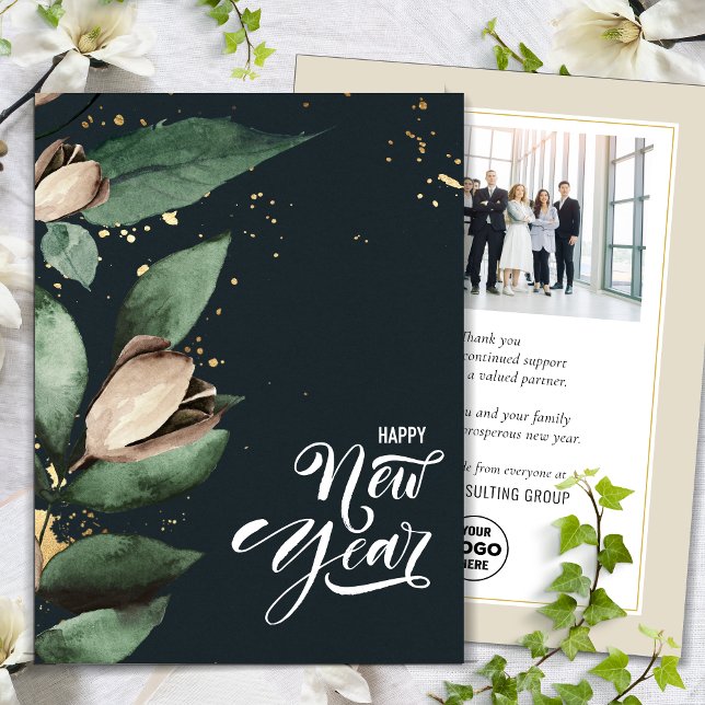 Business New Year Elegant Magnolia Gold Confetti Holiday Card (Creator Uploaded)