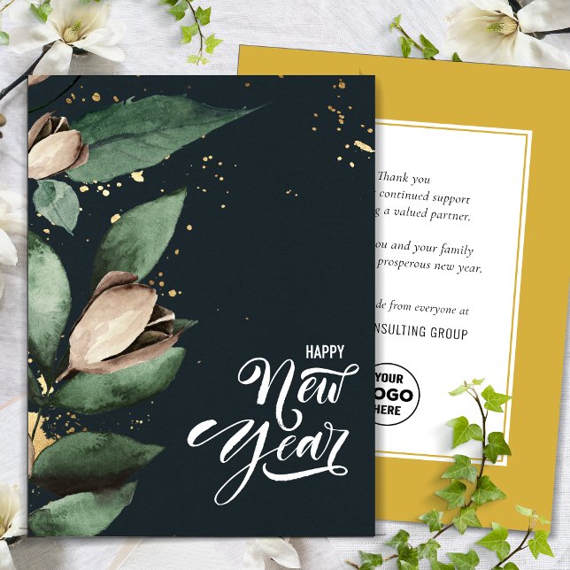 Business New Year Elegant Magnolia Gold Confetti Holiday Card (Creator Uploaded)