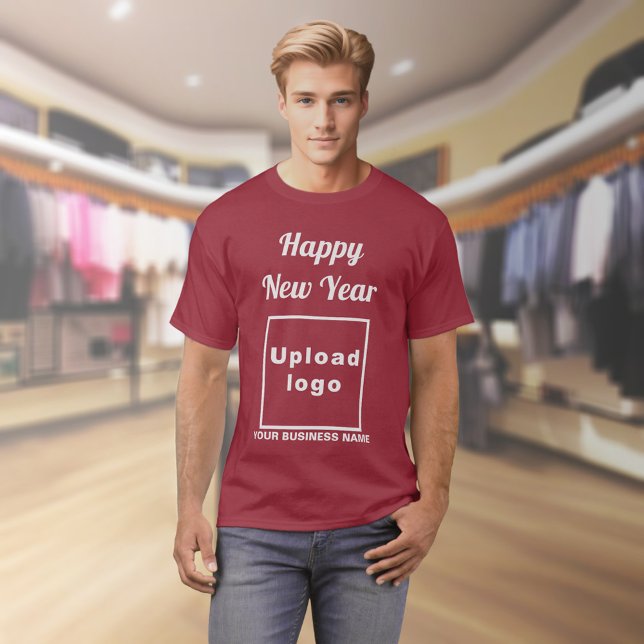 Business New Year Greeting on Maroon T-Shirt (Business name and logo with New Year greeting on maroon t-shirt)