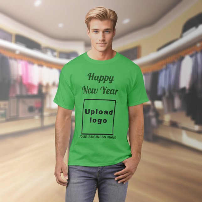 Business New Year Greeting on Shamrock Green T-Shirt (Business name and logo with New Year greeting on shamrock green t-shirt)
