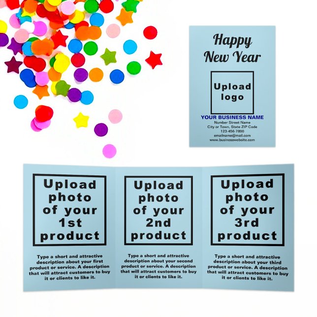 Business New Year Light Blue Trifold Card (New Year greeting, business brand and products on light blue trifold card)
