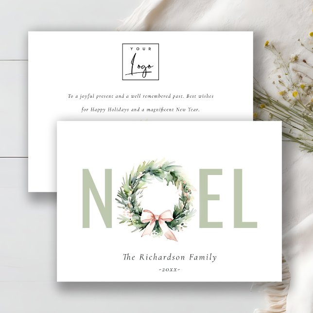 Business Noel Christmas Wreath Corporate Logo Holiday Card (Creator Uploaded)