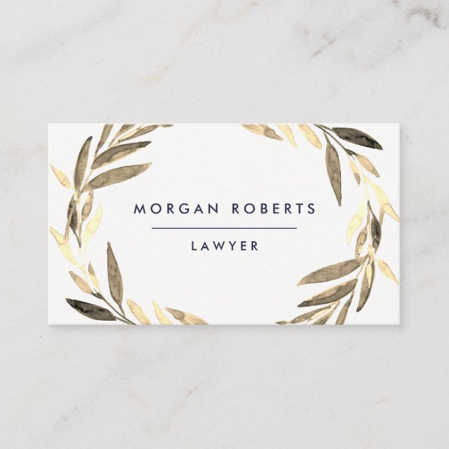 Business Olive Gold Leaf Wreath Professional Business Card (Front)