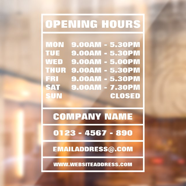 Business Opening Hours and Information (Sheet 2)