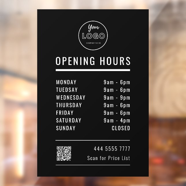 Business Opening Hours on Black with Logo QR Code (Sheet 2)