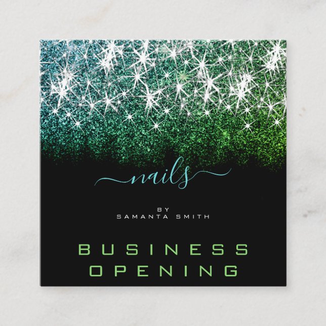 Business Opening Teal Green Glitter Manicure Nails Square Business Card (Front)