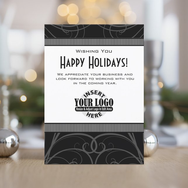 Business or Office - logo - black white art deco Holiday Card (Holiday Invitation for Business - Add Your Logo)