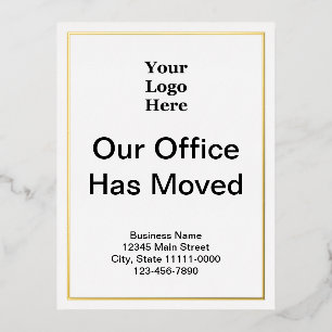 Business Our Office Has Moved White and Gold Foil Invitation Postcard