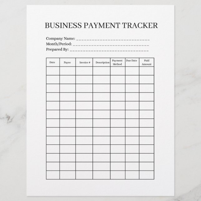 BUSINESS PAYMENT TRACKER  CUSTOM LETTERHEAD (Front)