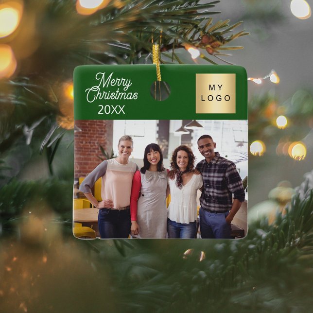 Business photo logo Christmas modern green Ceramic Ornament (Creator Uploaded)