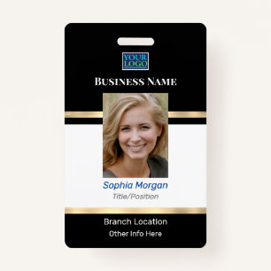 Business Photo Name Logo Info, Black White Gold ID Badge