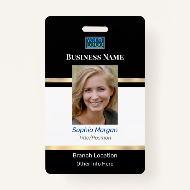 Business Photo Name Logo Info, Black White Gold ID Badge (Front)