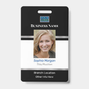 Business Photo Name Logo Info, Black White Silver ID Badge