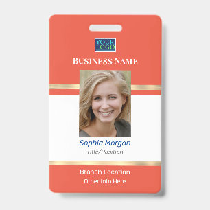 Business Photo Name Logo Info, Orange White Gold ID Badge