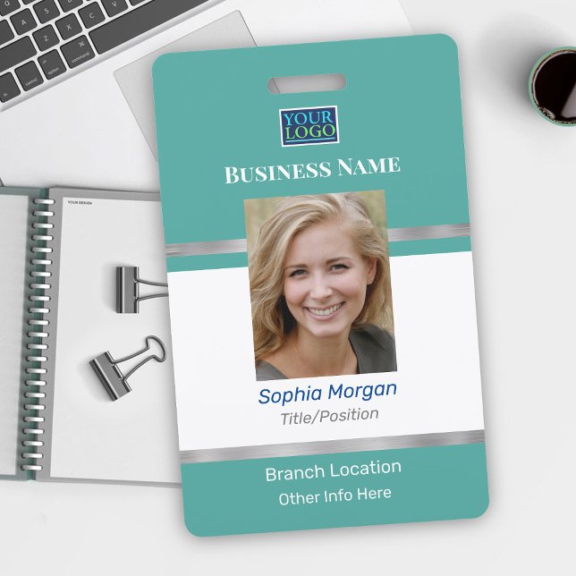 Business Photo Name Logo Info, Teal Silver & White ID Badge (Creator Uploaded)