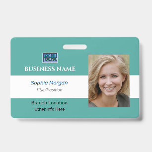 Business Photo Name Logo Info, Teal & White ID Badge