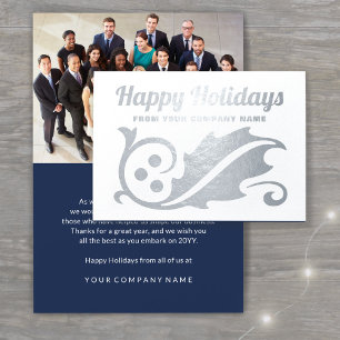 Business Photo Navy Happy Holidays Christmas Holly Foil Card