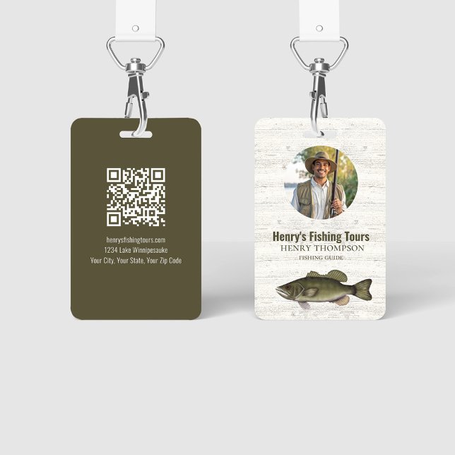 Business Photo QR Code Fishing  ID Badge (Fishing guide photo and QR code badge ID)