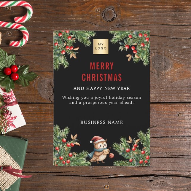 Business pine red berries owl black Christmas Holiday Card (Creator Uploaded)