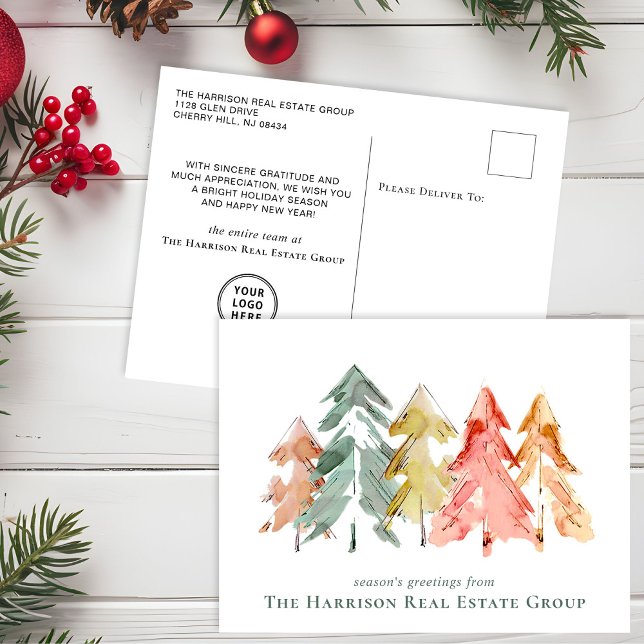 Business Pine Trees Watercolor Holiday Postcard (Spread the joy of the season and strengthen business relationships with our elegant holiday card)