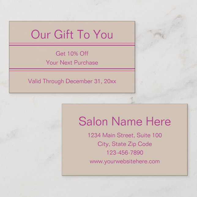 Business Pink and Beige Beauty Salon Discount Business Card (Front/Back)