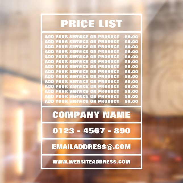 Business Price List and Information (Sheet 2)