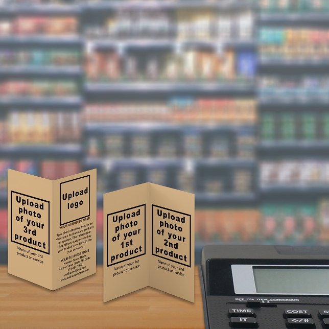 Business Products on Small Light Brown Folded Card (Your business brand and products or services on small light brown folded card displayed in store.)