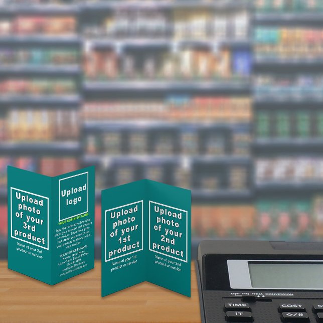 Business Products on Small Teal Green Folded Card (Your business brand and products or services on small teal green folded card displayed in store.)