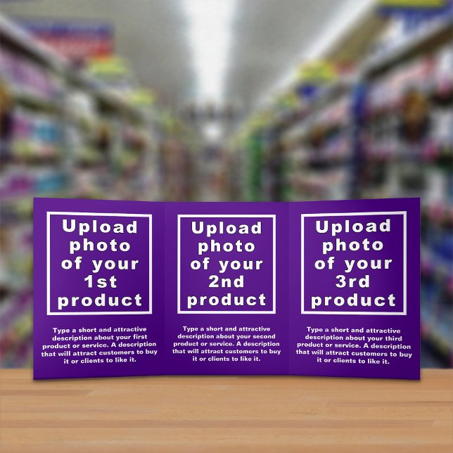 Business Products Purple Trifold Card (Attract more customers. Your business products on purple trifold card.)