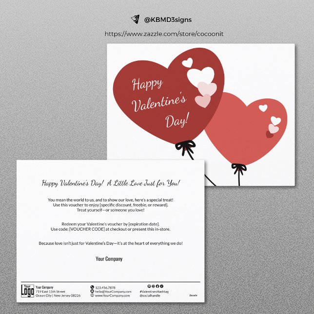 Business Promo Happy Valentine's Day Voucher Card (Business Promo Happy Valentine's Day Voucher Card, Two Heart-Shaped Balloons)