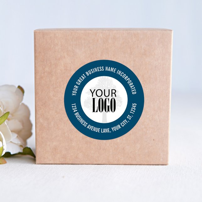 Business Promotional Add Your Logo Blue Classic Round Sticker (Add your logo blue and white business sticker. )