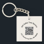 Business QR code and Text Ecru Key Ring<br><div class="desc">Black and white key ring with QR code and two lines of curved text.  Advertise a business with name that curves around the top and address at the bottom on off-white background.  This key ring has the design on one side only.</div>