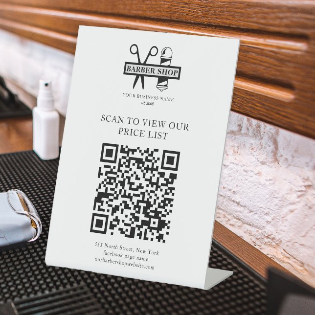 Business QR code barber salon name logo price list Pedestal Sign (Creator Uploaded)