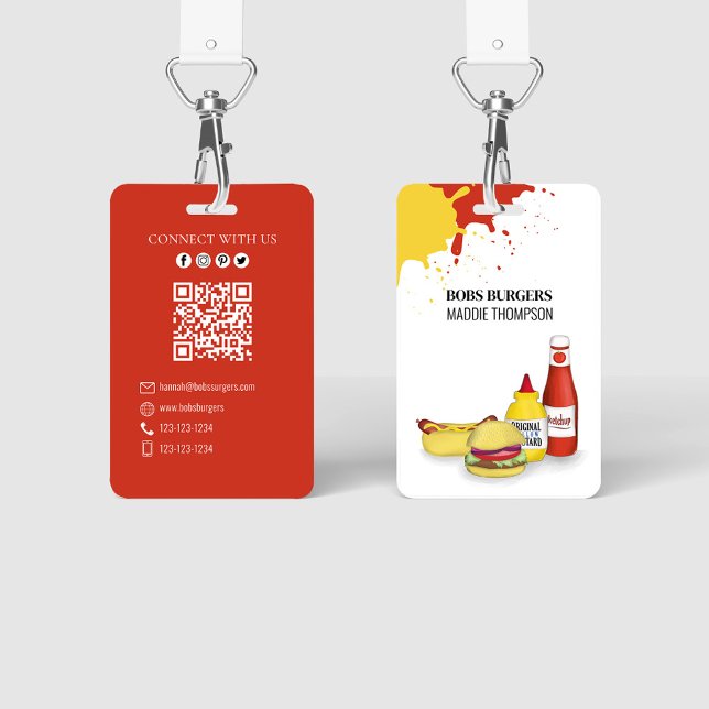 Business QR Code Hamburger Hotdog  ID Badge (Ketchup and mustard custom employee badge.)