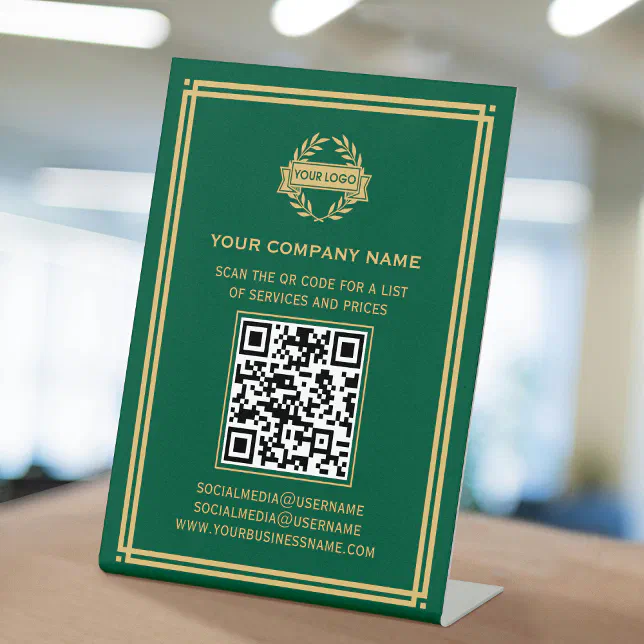 Business QR Code Logo Customer Services Green Gold Pedestal Sign | Zazzle