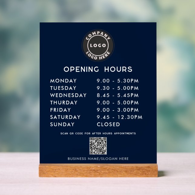 Business QR Code Logo Modern Opening Hours Acrylic Sign (Neutral)