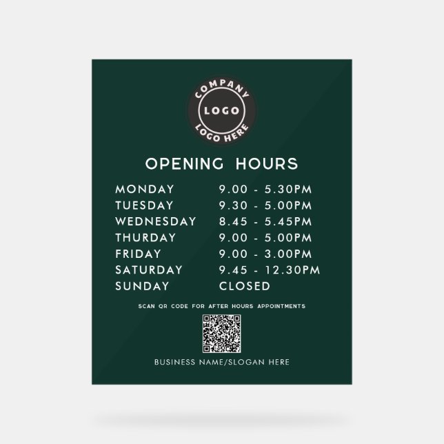 Business QR Code Logo Modern Opening Hours Acrylic Sign (Front)