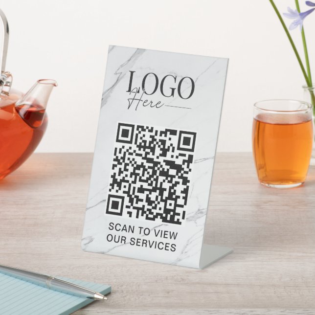 Business QR Code Logo Modern White Marble Salon Pedestal Sign (In SItu)