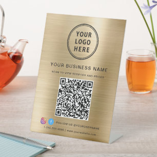 Business QR Code Logo Social Media Gold Pedestal Sign