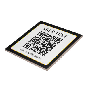 Business QR code w/Top & Bottom Text, Black & Gold Ceramic Tile