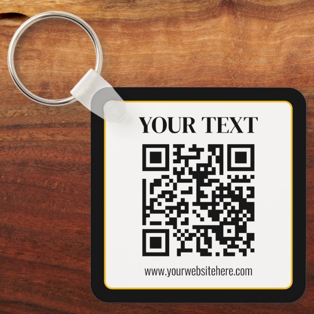 Business QR code w/Top & Bottom Text, Black & Gold Key Ring (Front)