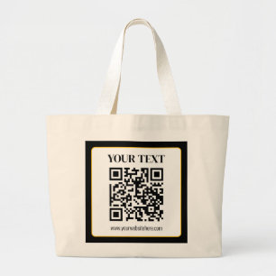 Business QR code w/Top & Bottom Text, Black & Gold Large Tote Bag